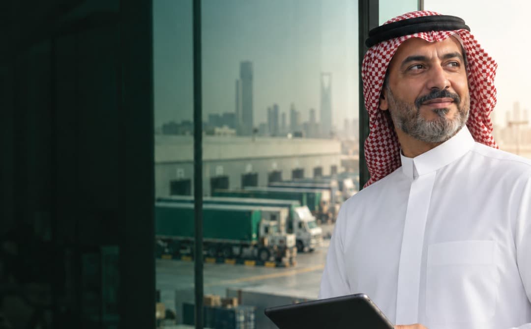 Saudi executive reviewing operations on a tablet with the Riyadh skyline behind him